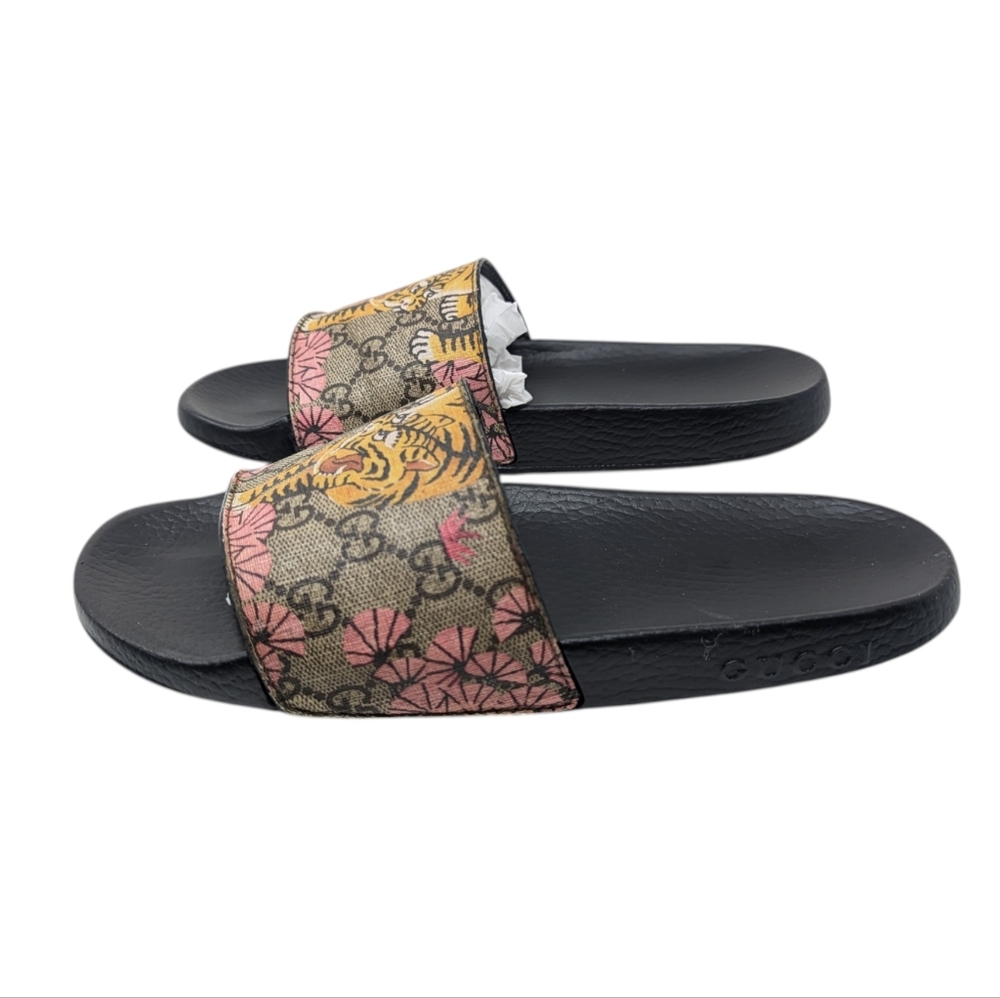 Gucci GG Supreme Tiger Print Slide Sandals in Black, Tan, Yellow, Pink - Picture 2 of 9